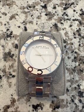 Marc by Marc Jacobs Silver and White Logo Bezel Bracelet Watch